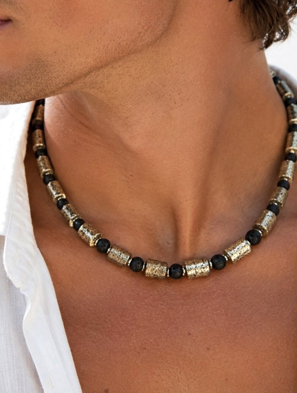 Designer Men's Jewelry Necklace Surf Choker Natural Chrome Lava Stones